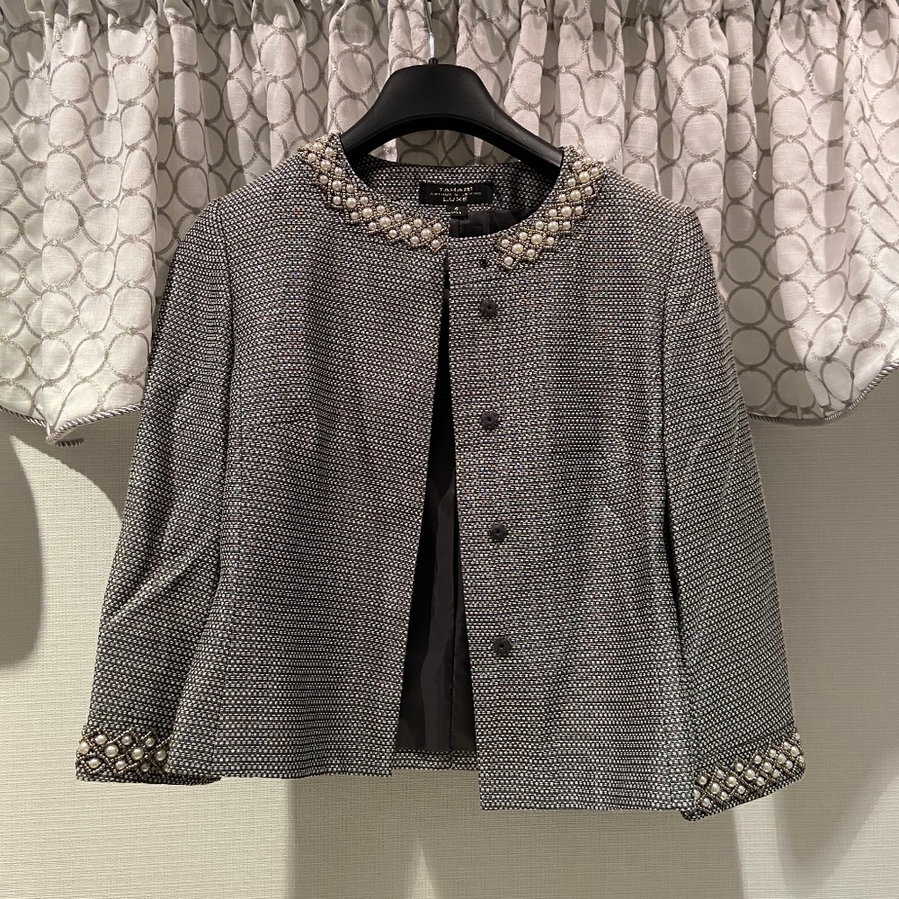 Tahari Pearl Embellished Blazer with Skirt (Grey)